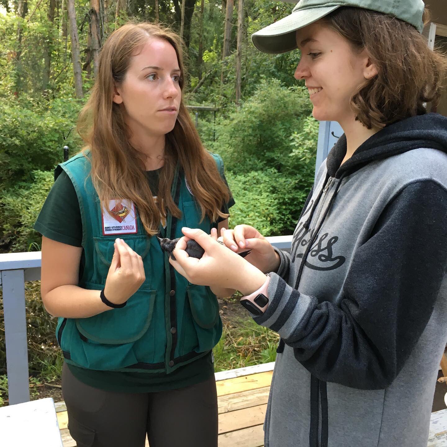 A young woman birder smiling and holding a bird at the Long Point banding station